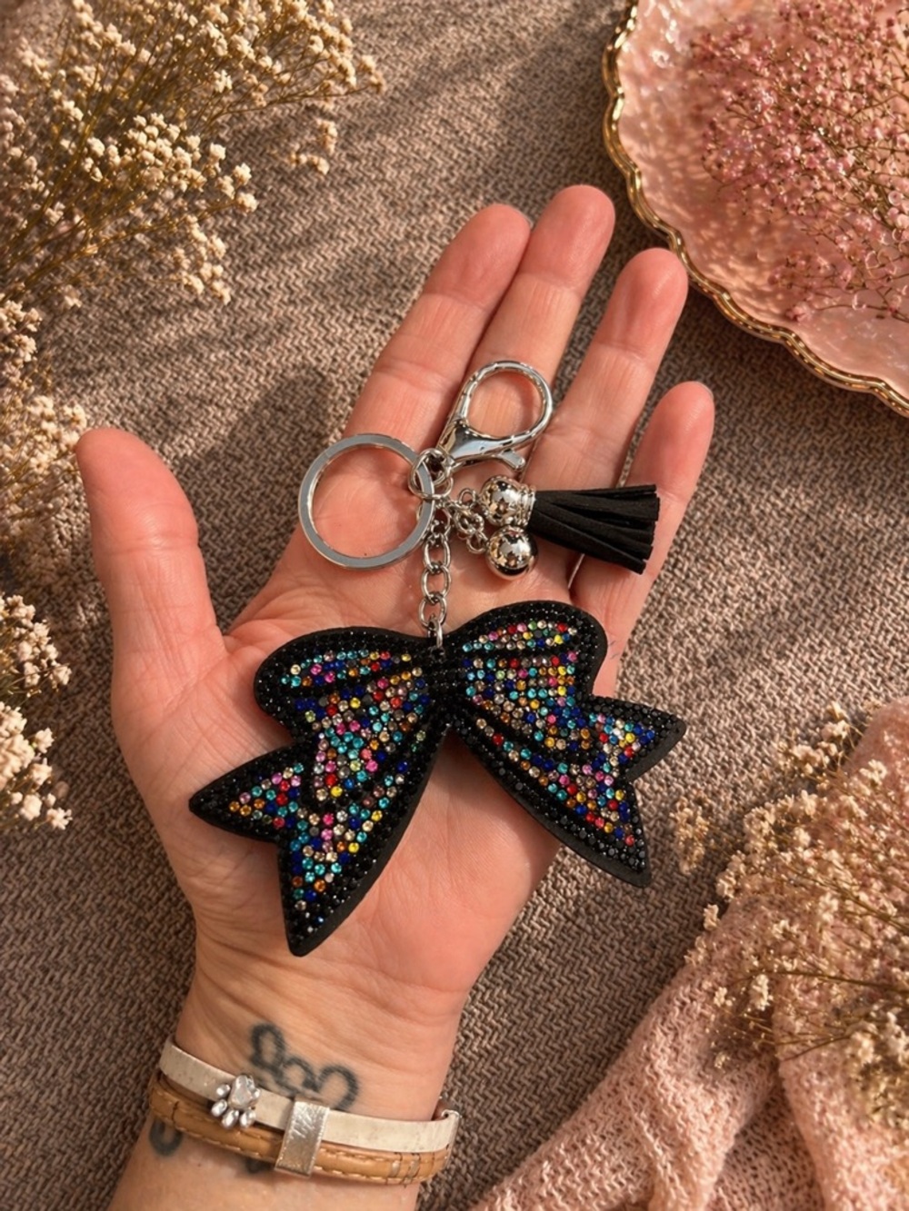 Black Bow Keychain with Multicolored Rhinestones NWT - Picture 2 of 5
